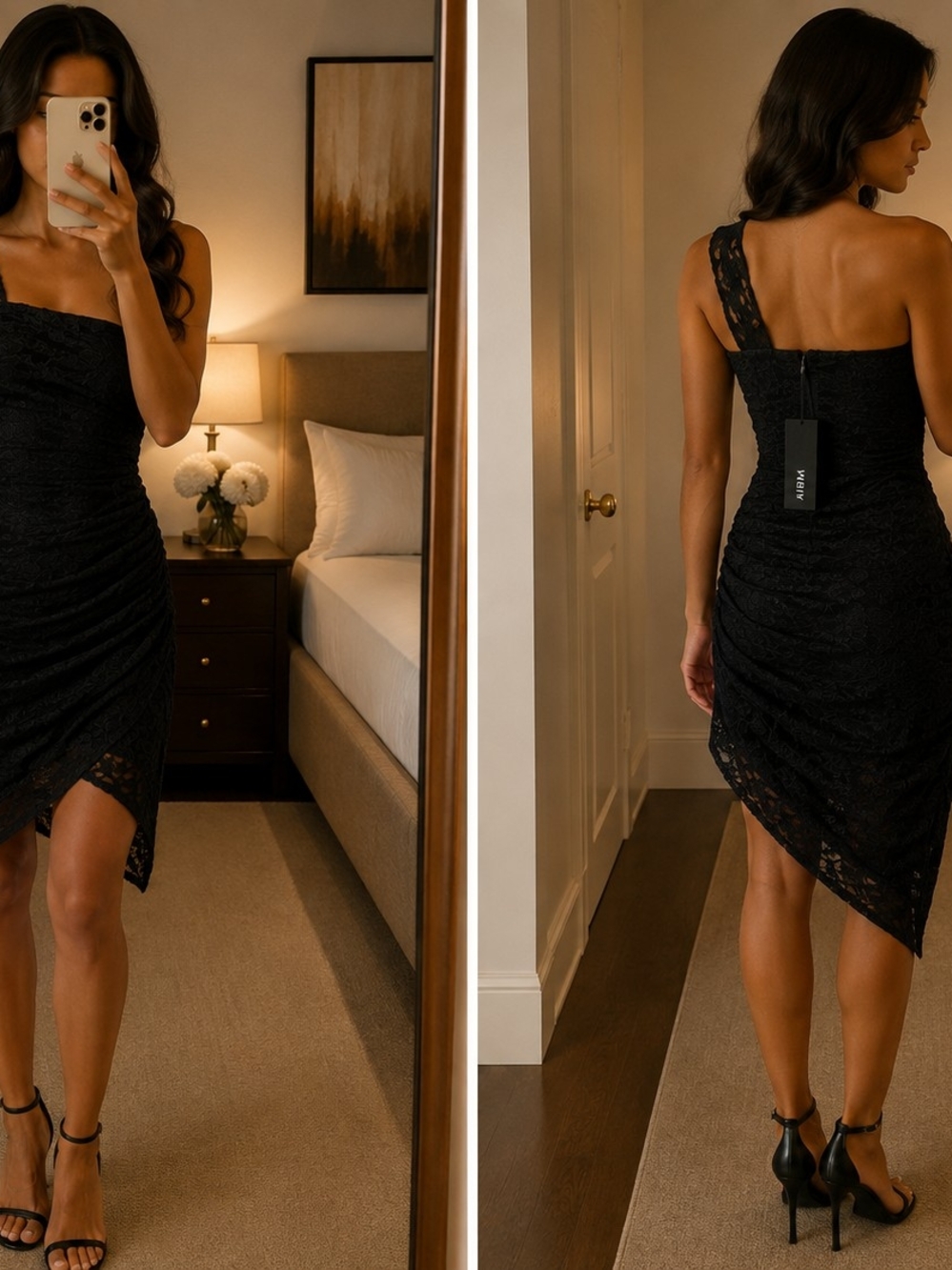 AFRM Black One-Shoulder Lace Ruched Cocktail Dress NWT